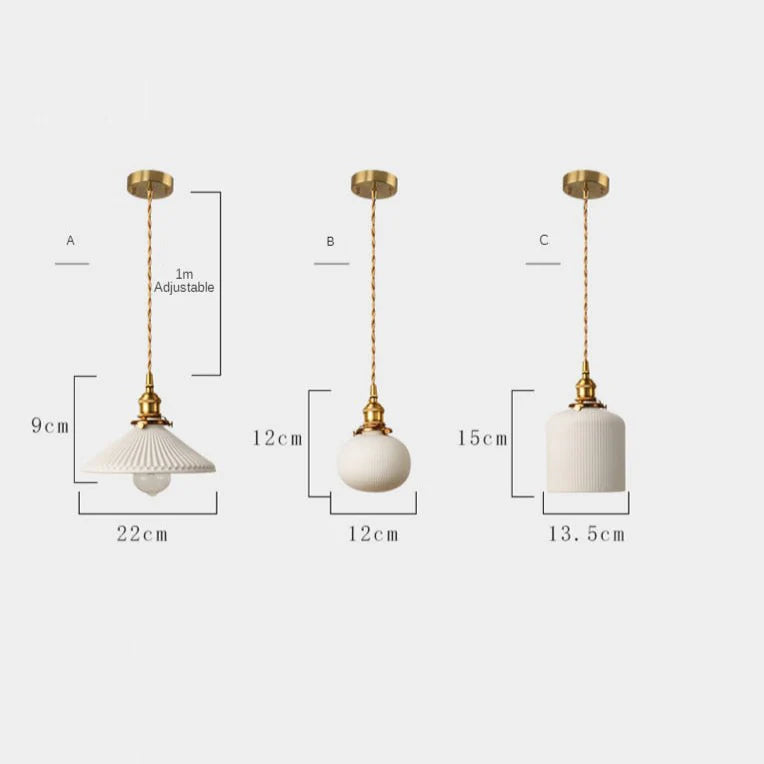Ceranova Ribbed White Ceramic Pendant Light with Gold Hardware