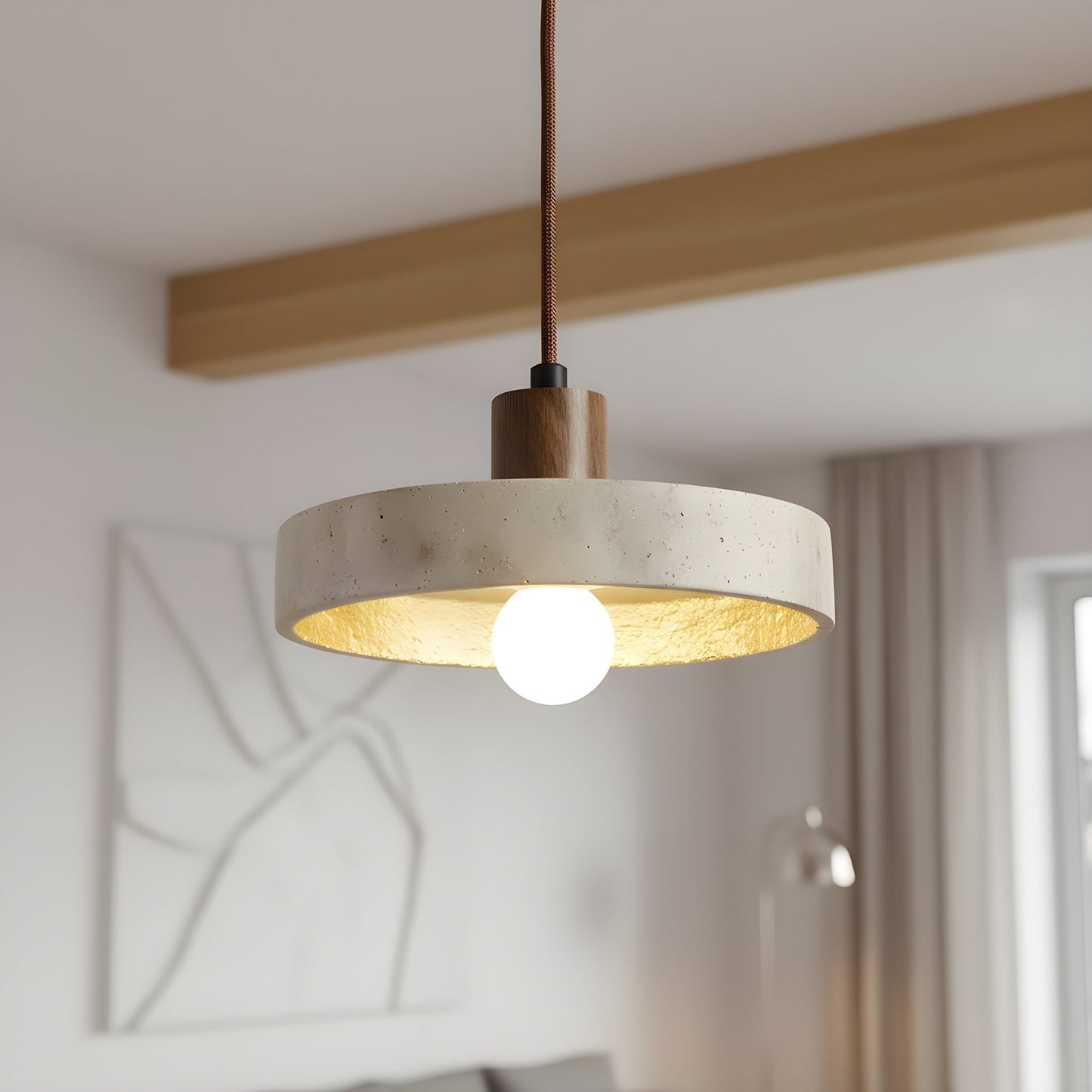 Travora Stone Disk Pendant Light with Wood Accent