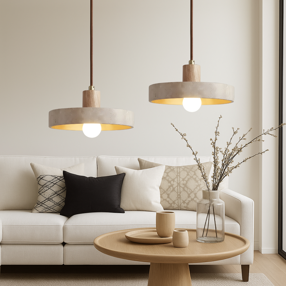 Travora Stone Disk Pendant Light with Wood Accent
