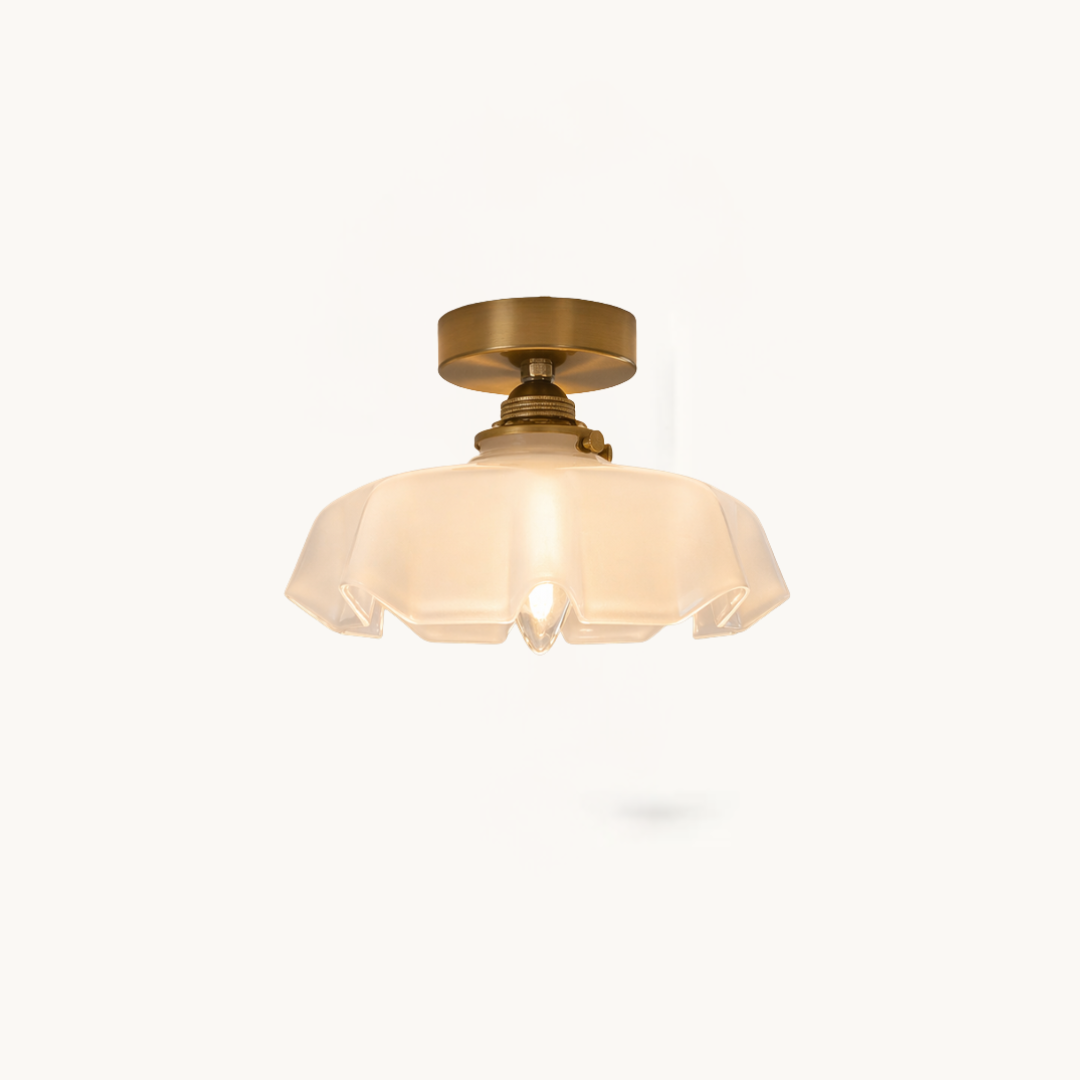 Vintage French Brass Petal Glass Ceiling Light