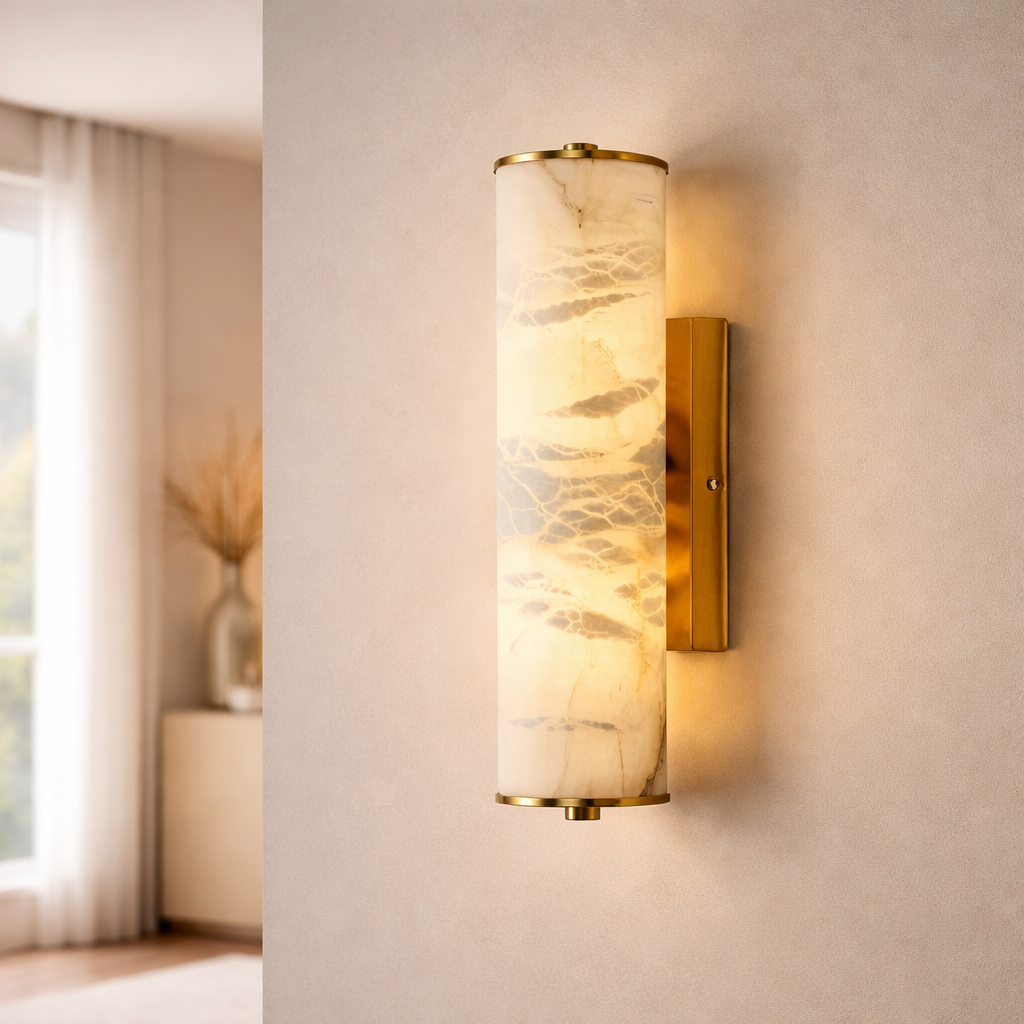 Marvella Cylindrical Marble Wall Light with Copper Frame