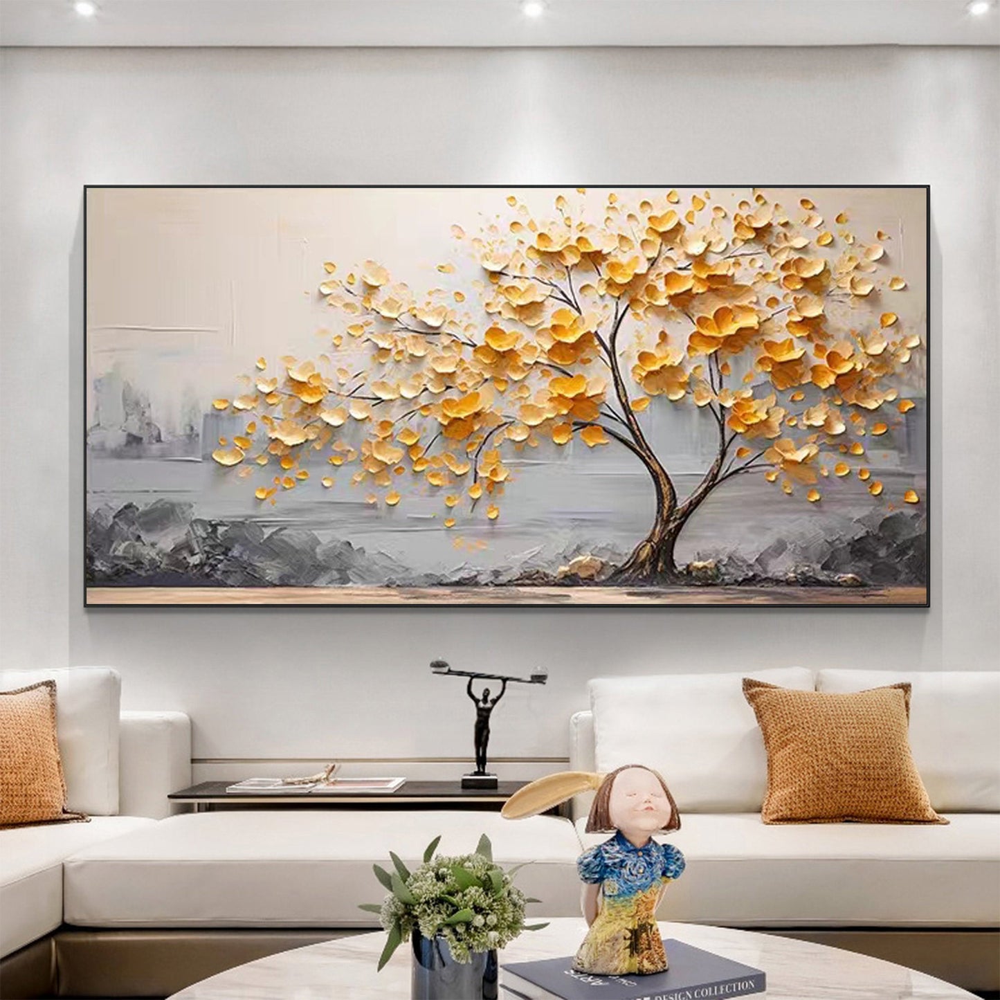 Textured Golden Blossom Tree Canvas Painting