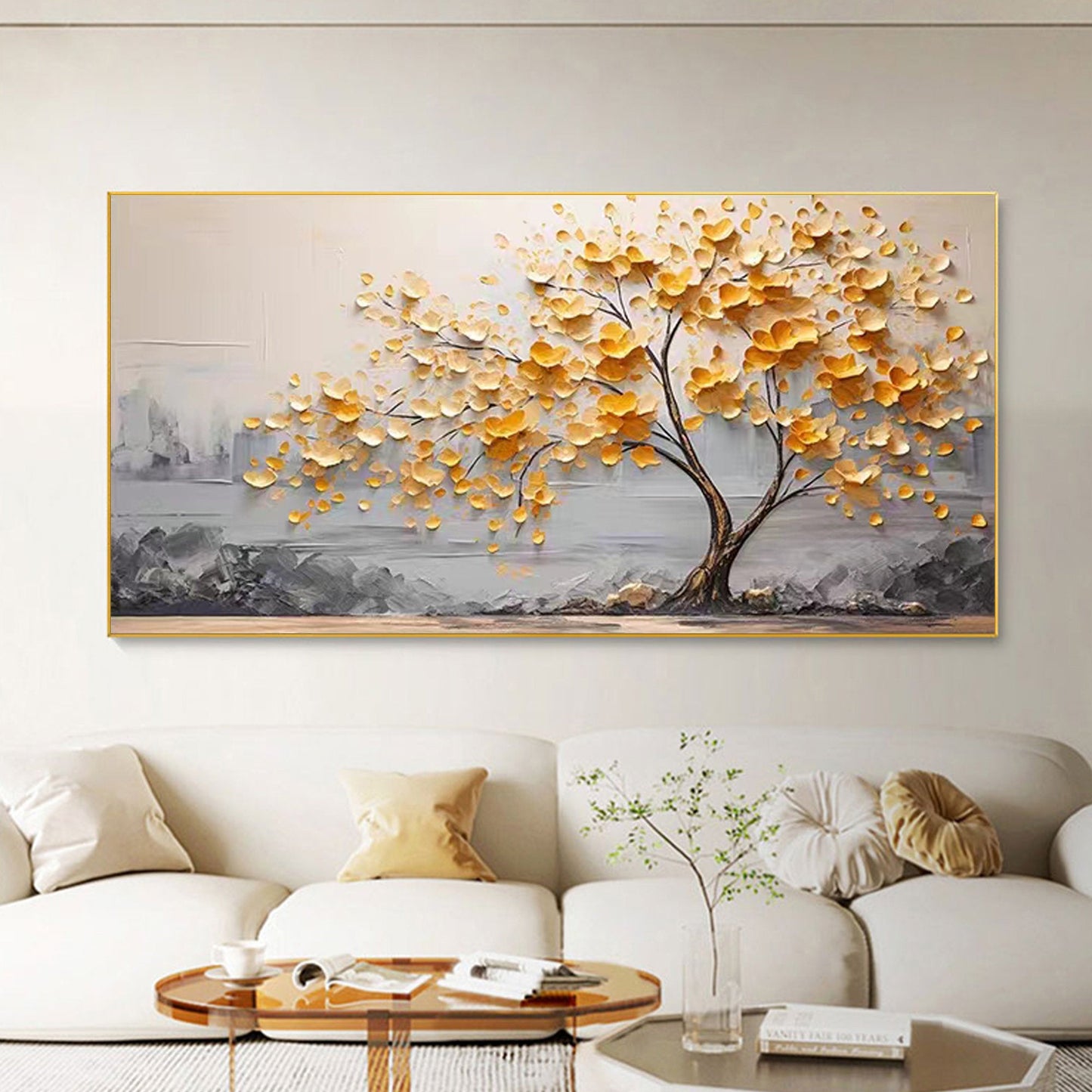 Textured Golden Blossom Tree Canvas Painting
