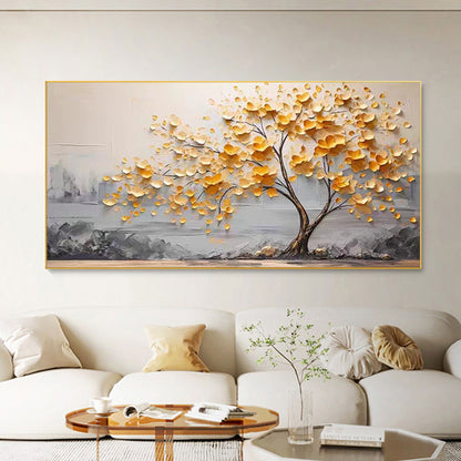 Textured Golden Blossom Tree Canvas Painting