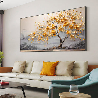 Textured Golden Blossom Tree Canvas Painting