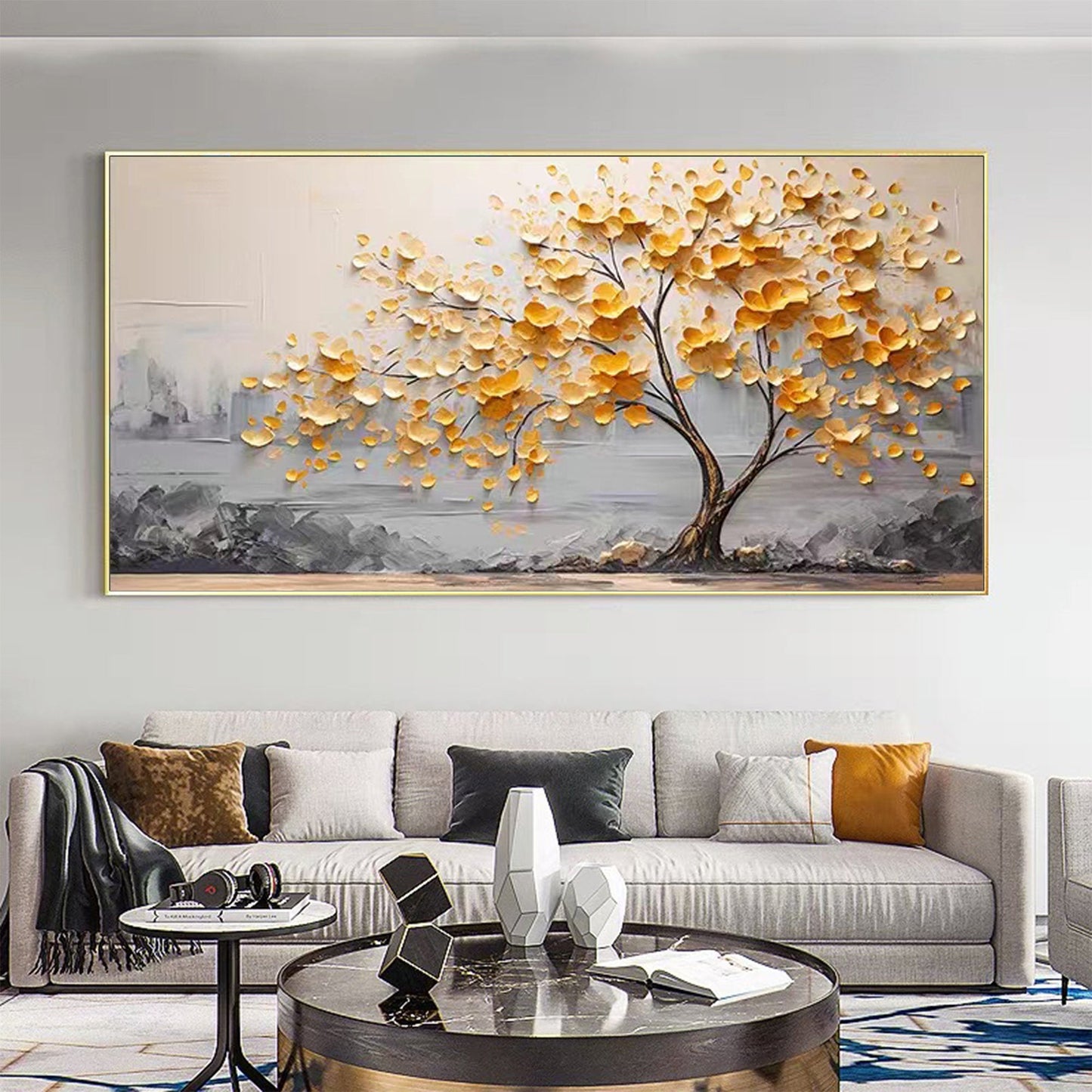 Textured Golden Blossom Tree Canvas Painting